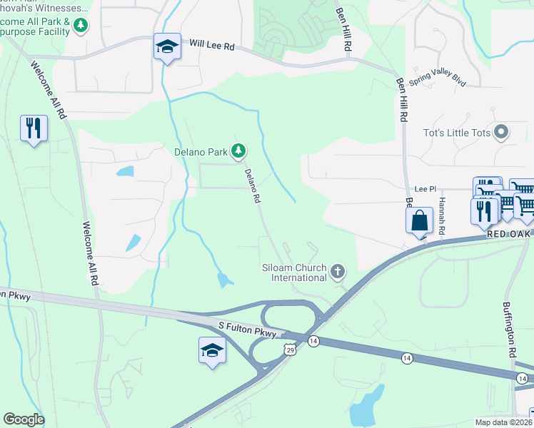 map of restaurants, bars, coffee shops, grocery stores, and more near 4870 Delano Road in College Park