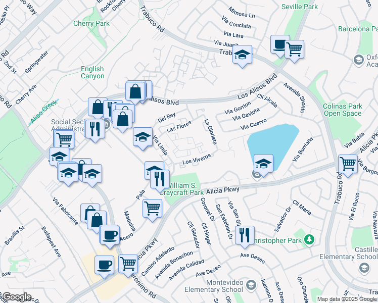 map of restaurants, bars, coffee shops, grocery stores, and more near 26166 Sanz in Mission Viejo