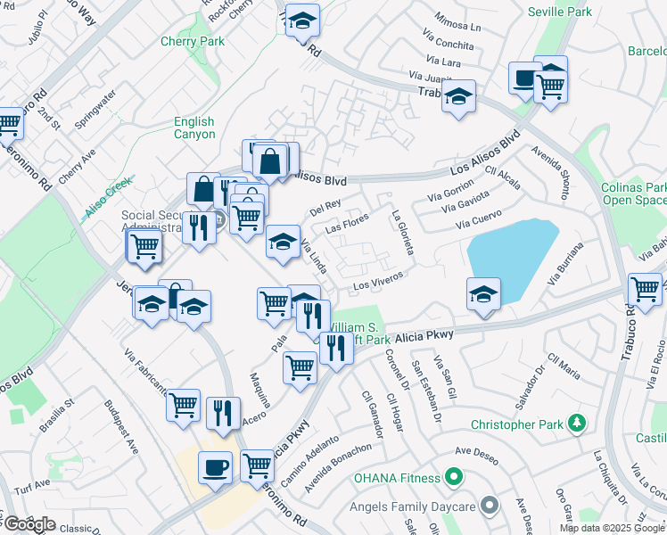 map of restaurants, bars, coffee shops, grocery stores, and more near 23391 La Crescenta in Mission Viejo