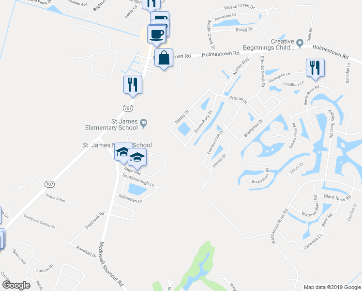 map of restaurants, bars, coffee shops, grocery stores, and more near 538 Battey Drive in Myrtle Beach