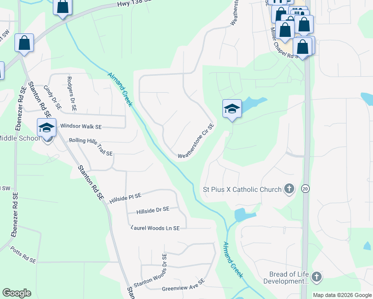 map of restaurants, bars, coffee shops, grocery stores, and more near 2671 Weatherstone Circle Southeast in Conyers