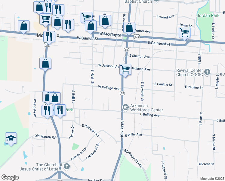 map of restaurants, bars, coffee shops, grocery stores, and more near 420 South Main Street in Monticello