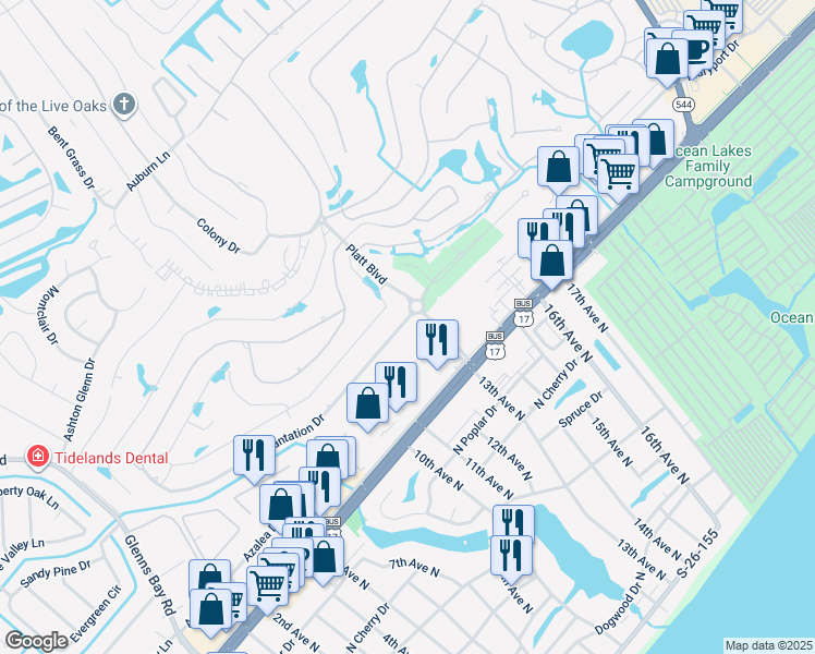 map of restaurants, bars, coffee shops, grocery stores, and more near 503 Plantation Drive in Myrtle Beach