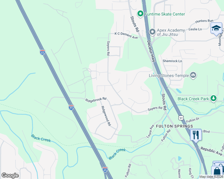 map of restaurants, bars, coffee shops, grocery stores, and more near 2708 Sayers Road in Fultondale