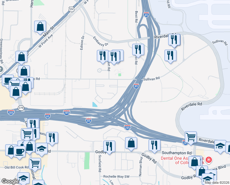 map of restaurants, bars, coffee shops, grocery stores, and more near 2210 Sullivan Road in Atlanta