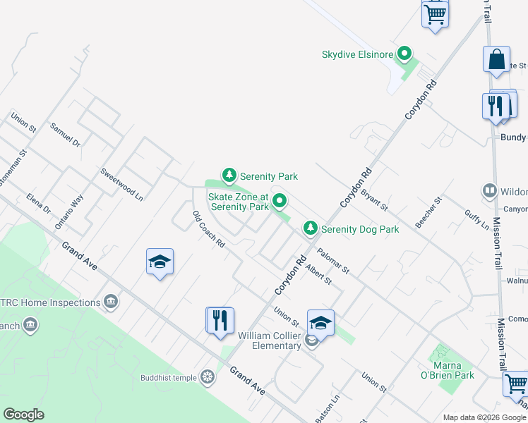 map of restaurants, bars, coffee shops, grocery stores, and more near 19847 Palomar Street in Lake Elsinore