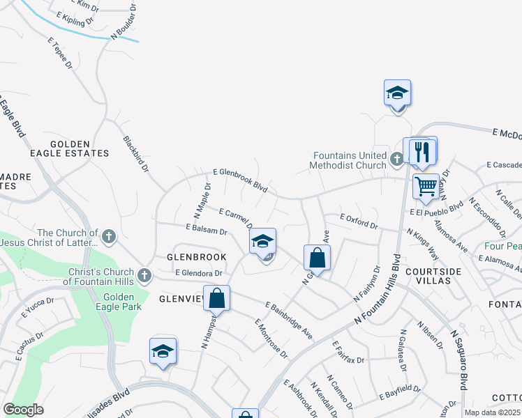 map of restaurants, bars, coffee shops, grocery stores, and more near 15015 North Tamarack Lane in Fountain Hills
