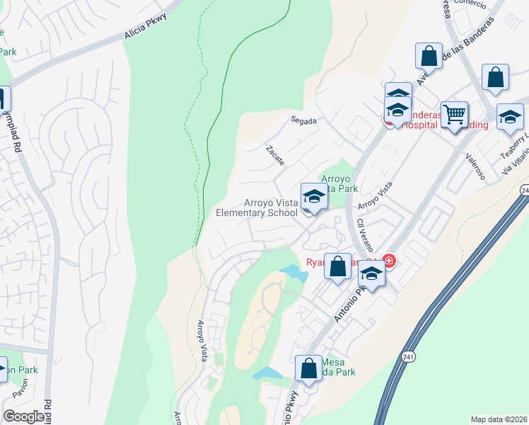 map of restaurants, bars, coffee shops, grocery stores, and more near 25 Sepulveda in Rancho Santa Margarita
