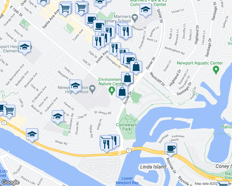 map of restaurants, bars, coffee shops, grocery stores, and more near 1501 East 16th Street in Newport Beach