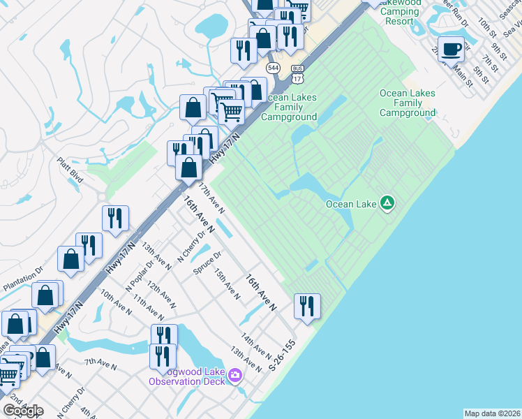 map of restaurants, bars, coffee shops, grocery stores, and more near 1729 Neptune Road in Myrtle Beach