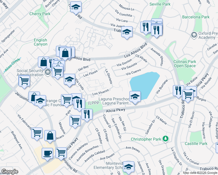 map of restaurants, bars, coffee shops, grocery stores, and more near 23351 La Glorieta in Mission Viejo
