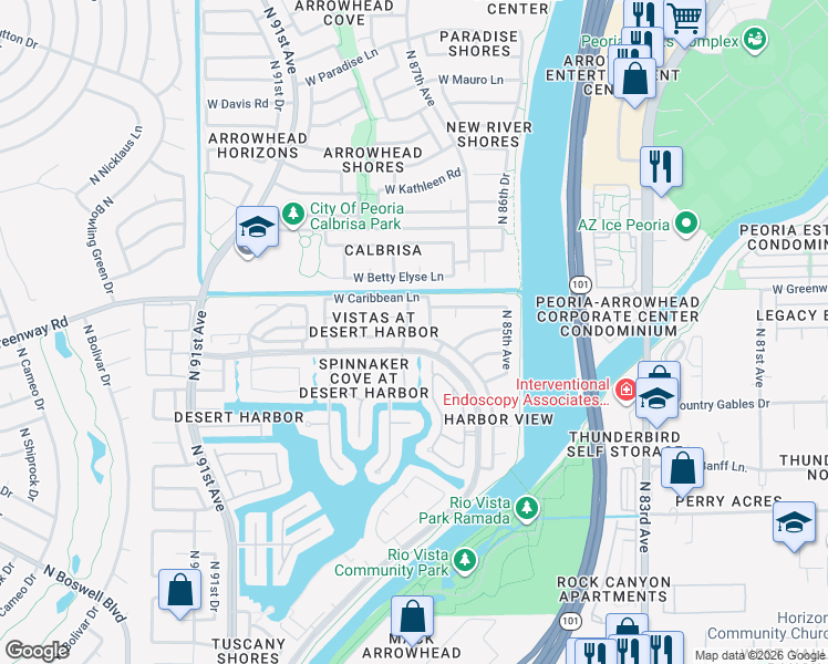map of restaurants, bars, coffee shops, grocery stores, and more near 322 West Desert Harbor Drive in Peoria