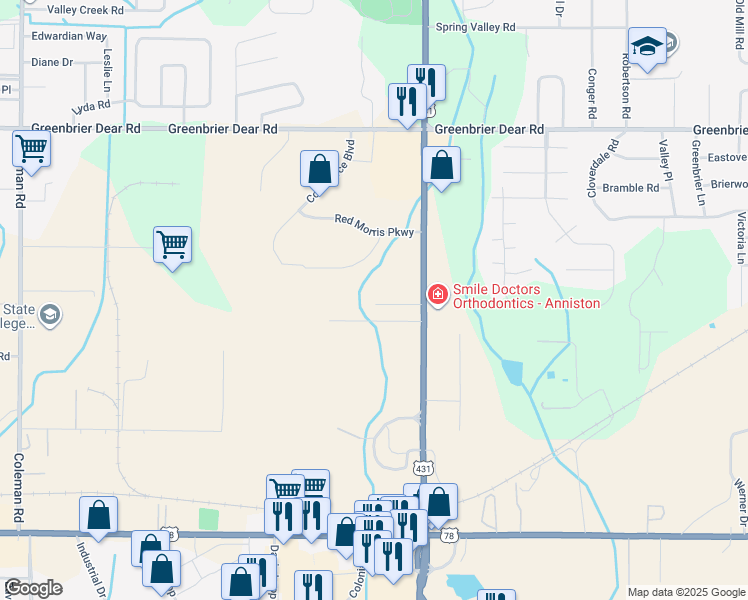 map of restaurants, bars, coffee shops, grocery stores, and more near 3301 Miller Lane in Anniston