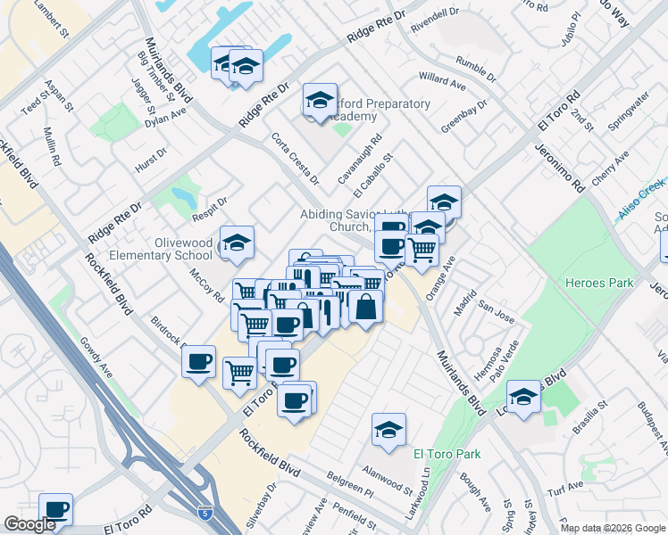 map of restaurants, bars, coffee shops, grocery stores, and more near 23341 La Vaca Street in Lake Forest