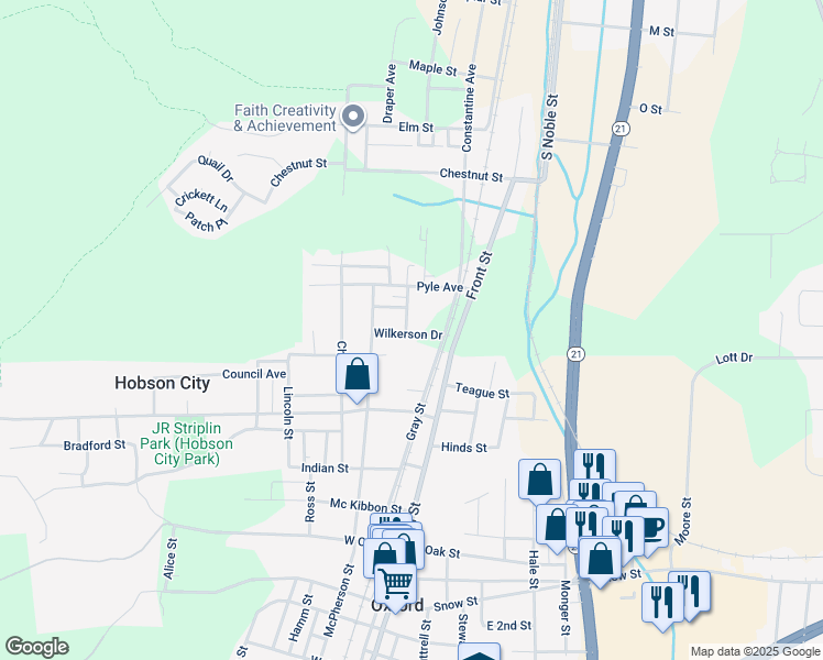 map of restaurants, bars, coffee shops, grocery stores, and more near 1921 Beulah Drive in Anniston