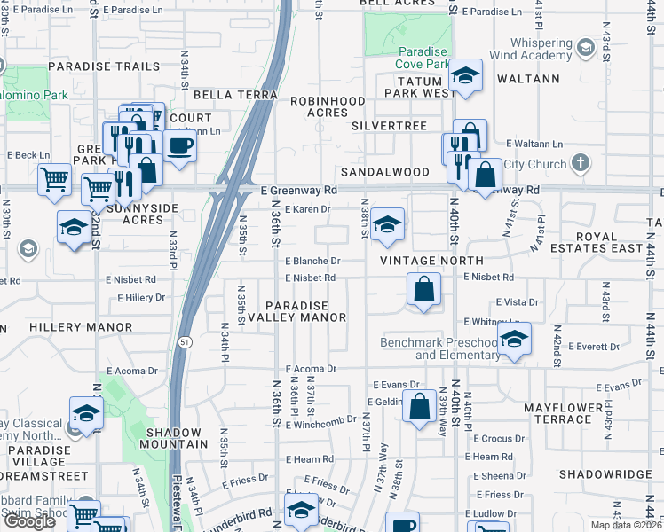 map of restaurants, bars, coffee shops, grocery stores, and more near 14845 North 37th Place in Phoenix