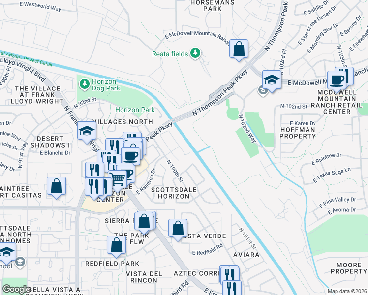 map of restaurants, bars, coffee shops, grocery stores, and more near 14983 North 100th Way in Scottsdale