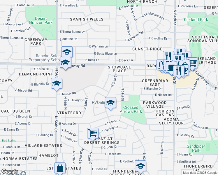 map of restaurants, bars, coffee shops, grocery stores, and more near 15025 North 60th Street in Scottsdale
