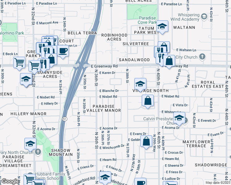 map of restaurants, bars, coffee shops, grocery stores, and more near 14845 North 37th Place in Phoenix