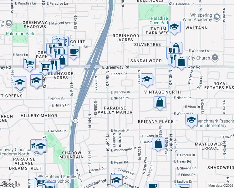 map of restaurants, bars, coffee shops, grocery stores, and more near 14843 North 36th Place in Phoenix