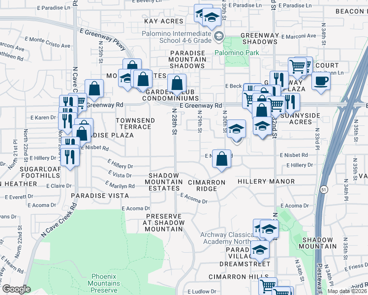 map of restaurants, bars, coffee shops, grocery stores, and more near 2810 East Hillery Drive in Phoenix