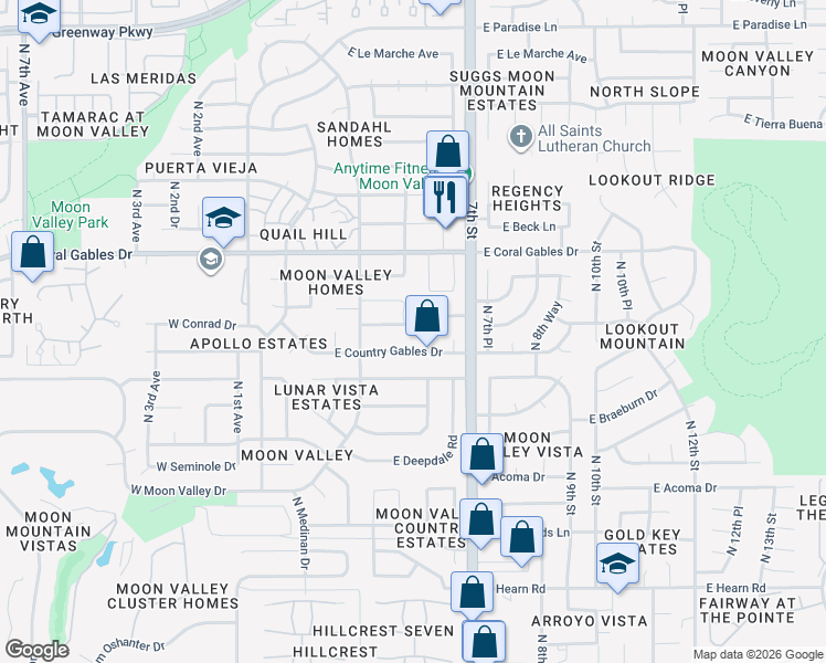 map of restaurants, bars, coffee shops, grocery stores, and more near 341 East Country Gables Drive in Phoenix
