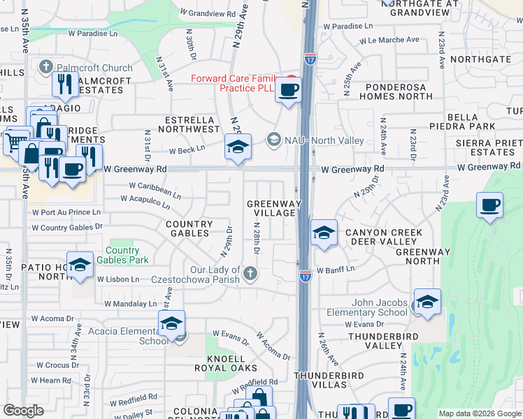 map of restaurants, bars, coffee shops, grocery stores, and more near 15022 North 28th Avenue in Phoenix