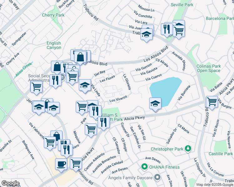 map of restaurants, bars, coffee shops, grocery stores, and more near 26232 Los Viveros in Mission Viejo