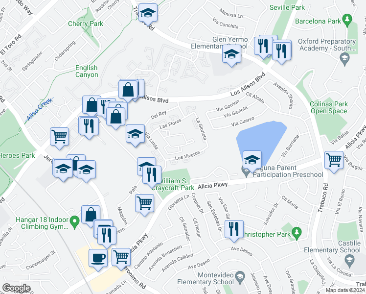 map of restaurants, bars, coffee shops, grocery stores, and more near 26232 Los Viveros in Mission Viejo