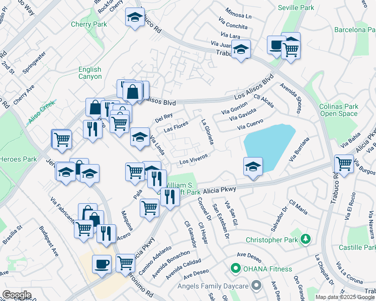 map of restaurants, bars, coffee shops, grocery stores, and more near 26192 Sanz in Mission Viejo