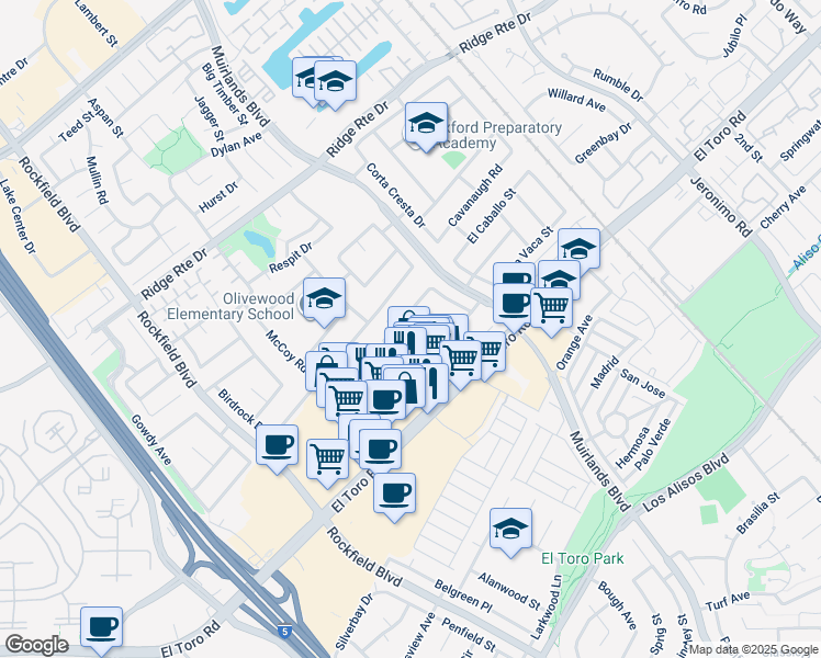 map of restaurants, bars, coffee shops, grocery stores, and more near 24541 Packer Place in Lake Forest