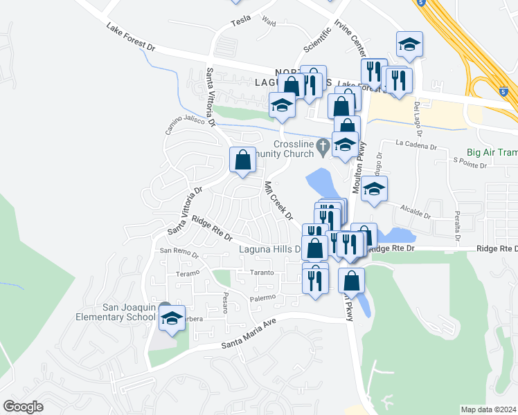 map of restaurants, bars, coffee shops, grocery stores, and more near 23395 Caminito Juanico in Laguna Hills