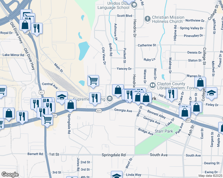 map of restaurants, bars, coffee shops, grocery stores, and more near 4820 Burks Road in Forest Park