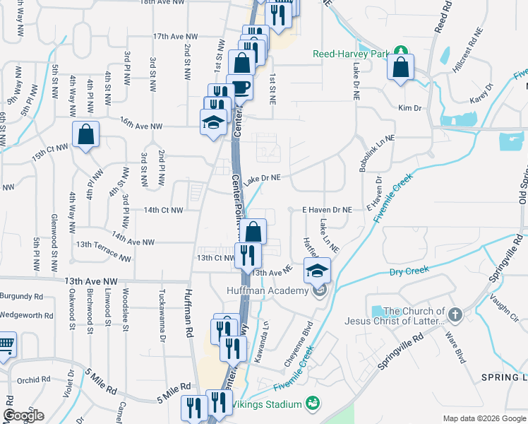 map of restaurants, bars, coffee shops, grocery stores, and more near 50 Shadowood Circle in Center Point