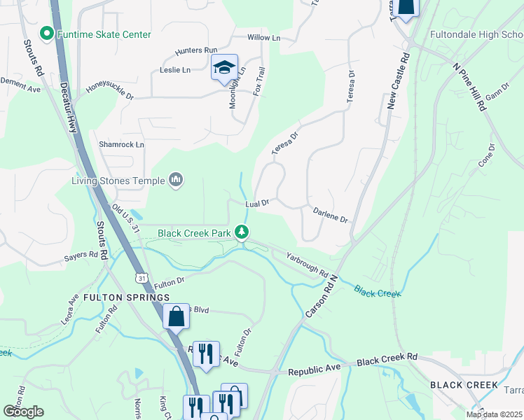 map of restaurants, bars, coffee shops, grocery stores, and more near 708 Lual Drive in Birmingham