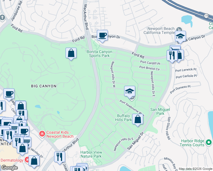 map of restaurants, bars, coffee shops, grocery stores, and more near 1700 Port Stirling Place in Newport Beach