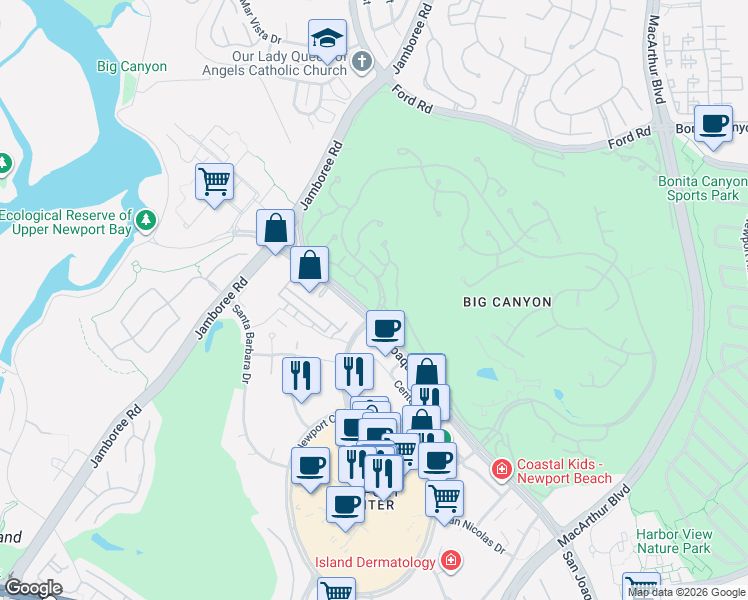 map of restaurants, bars, coffee shops, grocery stores, and more near 1 Canyon Court in Newport Beach