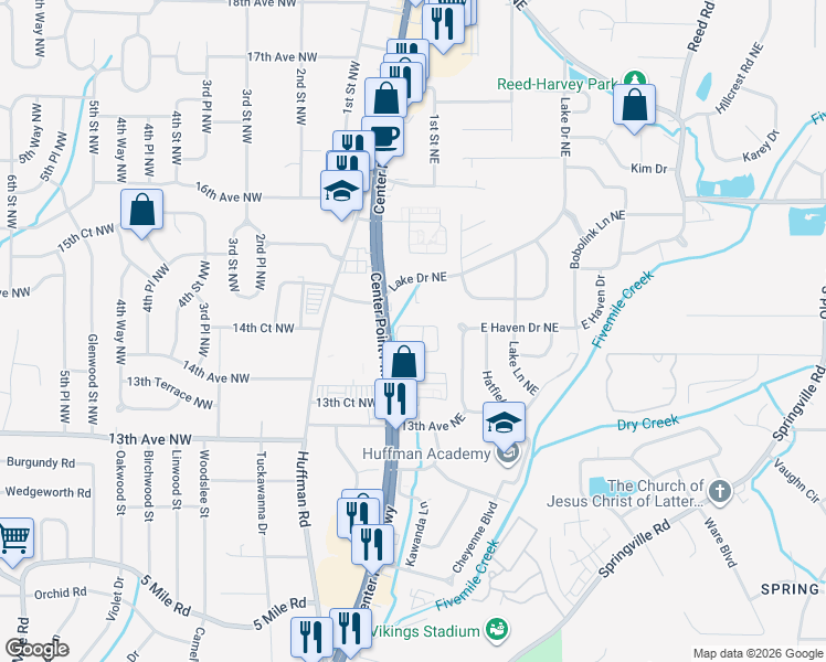 map of restaurants, bars, coffee shops, grocery stores, and more near 50 Shadowood Circle in Center Point