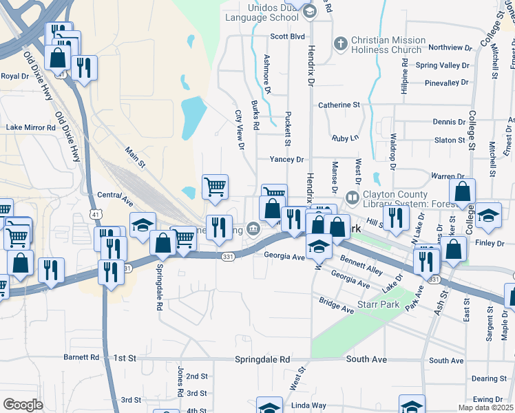 map of restaurants, bars, coffee shops, grocery stores, and more near 4820 Burks Road in Forest Park