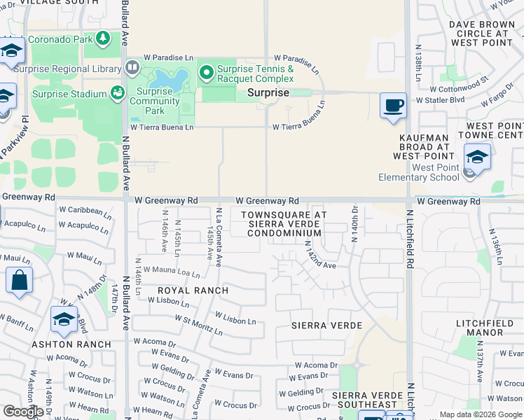 map of restaurants, bars, coffee shops, grocery stores, and more near 15285 North 143rd Avenue in Surprise