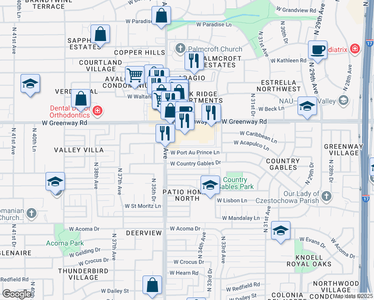 map of restaurants, bars, coffee shops, grocery stores, and more near 3420 West Country Gables Drive in Phoenix