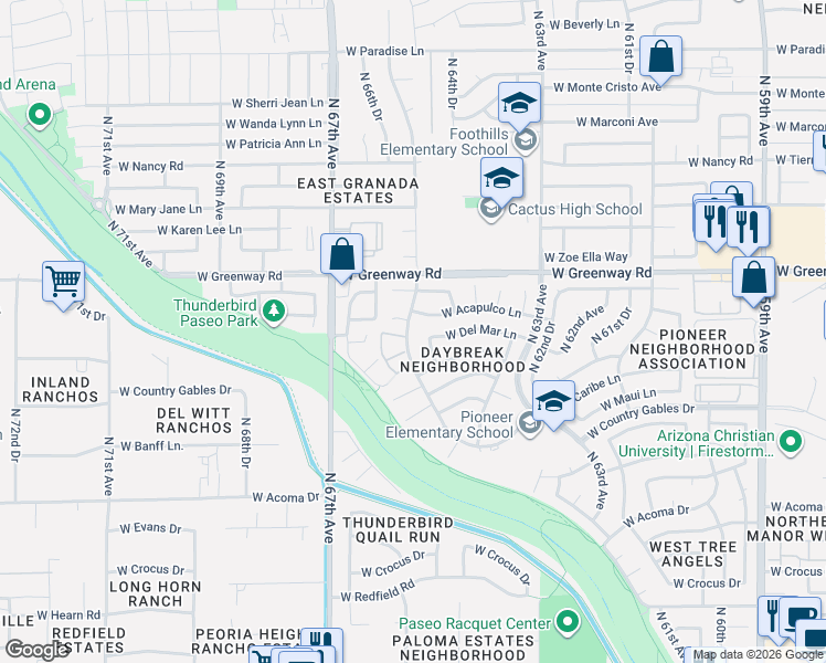 map of restaurants, bars, coffee shops, grocery stores, and more near 15257 North 66th Avenue in Glendale