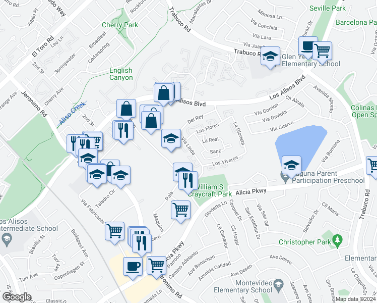 map of restaurants, bars, coffee shops, grocery stores, and more near 23355 Via Linda in Mission Viejo