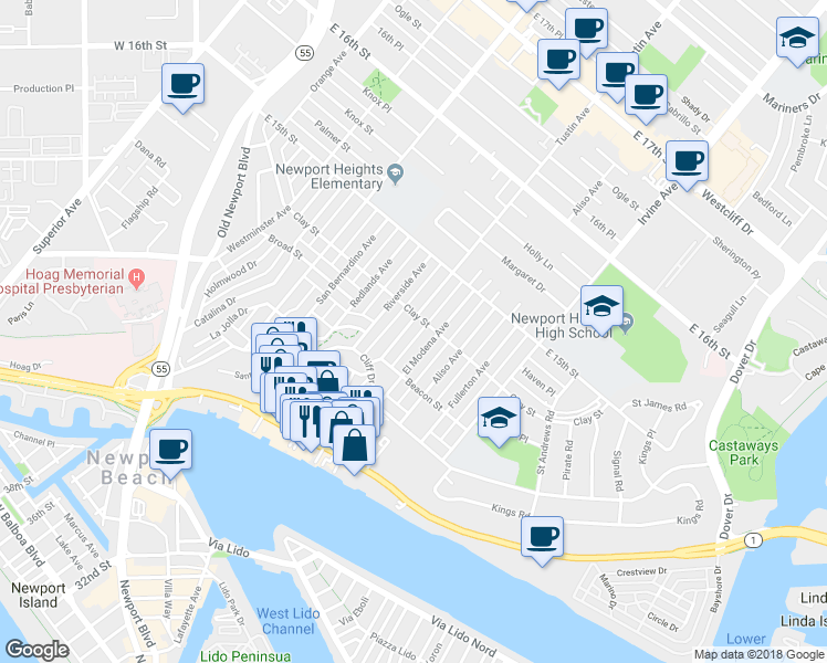 map of restaurants, bars, coffee shops, grocery stores, and more near 438 Tustin Avenue in Newport Beach