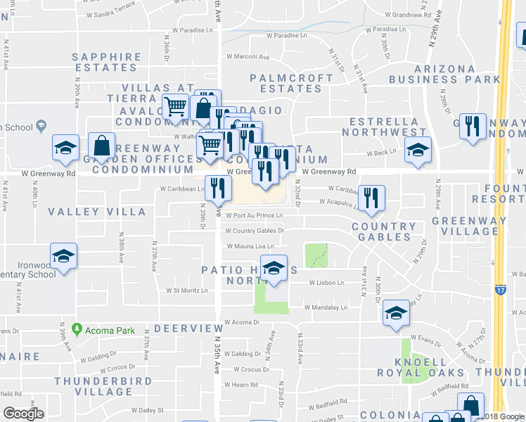 map of restaurants, bars, coffee shops, grocery stores, and more near 3340 West Port Au Prince Lane in Phoenix