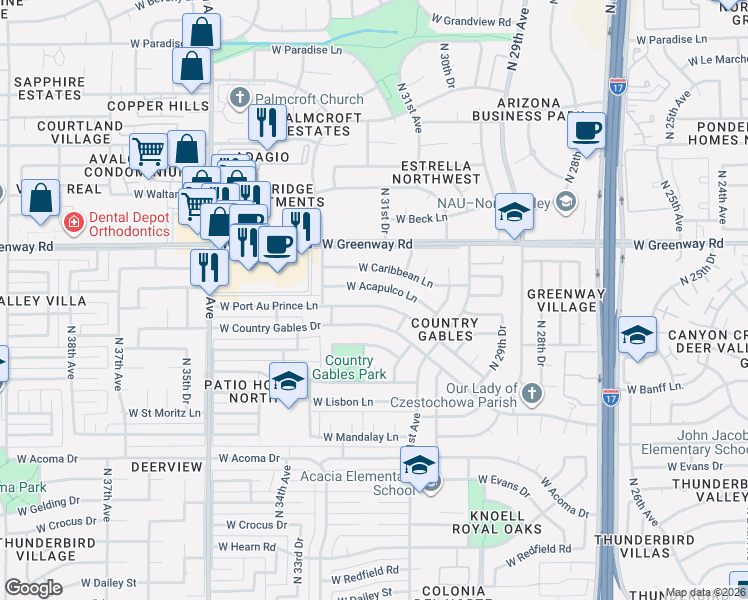 map of restaurants, bars, coffee shops, grocery stores, and more near 3126 West Acapulco Lane in Phoenix