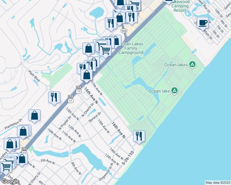 map of restaurants, bars, coffee shops, grocery stores, and more near 1631 Lovestone Drive in Myrtle Beach