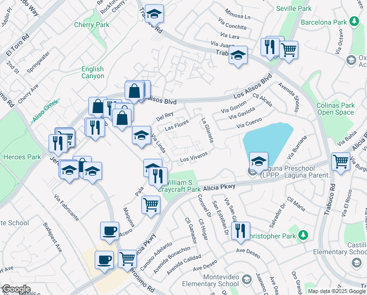 map of restaurants, bars, coffee shops, grocery stores, and more near 26162 La Real in Mission Viejo