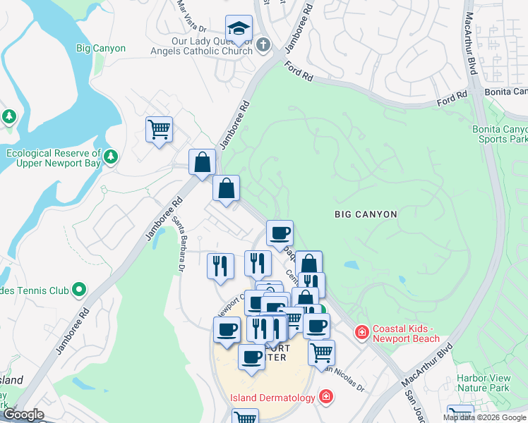 map of restaurants, bars, coffee shops, grocery stores, and more near 9 Rue Fontainbleau in Newport Beach