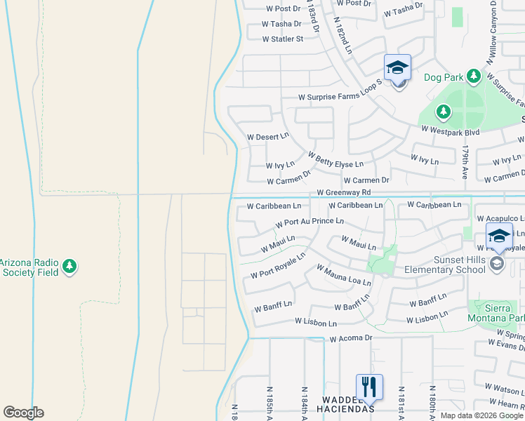 map of restaurants, bars, coffee shops, grocery stores, and more near 18442 West Caribbean Lane in Surprise